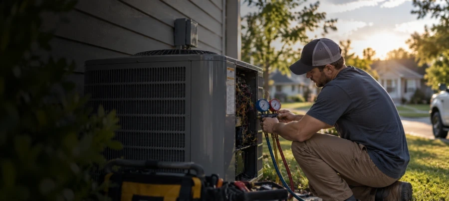 AC technician working on unit in Lake Jackson TX
