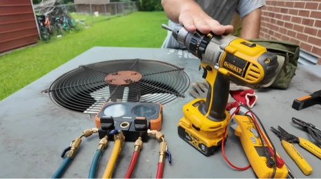 HVAC technician manifold gauges measuring refrigerant pressure